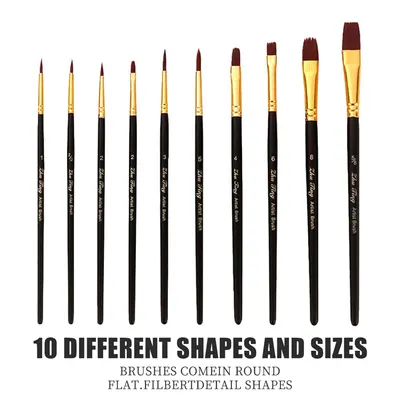 Shows the complete set of brushes included in the product, highlighting the variety of shapes and sizes available for different painting techniques.