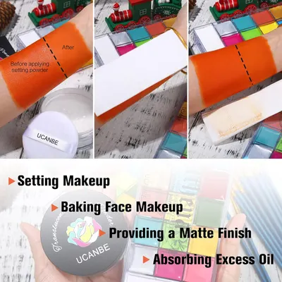 Demonstrates the effectiveness of the setting powder in creating a matte finish and absorbing excess oil on the skin. Provides a visual guide on how to use the setting powder for baking face makeup…