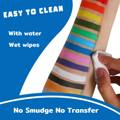 Demonstrates that the product (likely face paint or body paint) is easy to clean off using water or wet wipes, without smudging or transferring.