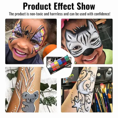 Reassures parents that the face paint product is safe and harmless for use on children's skin. Demonstrates various creative applications of the product for face and body painting.