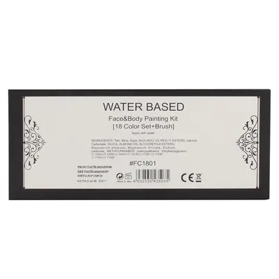 Informs customers that the product is safe for use on face and body, and is water-based for easy application and removal. Highlights the contents of the kit, showing customers they get a variety of…