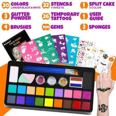 Shows all the items included in the face paint kit, highlighting the variety and value of the product.