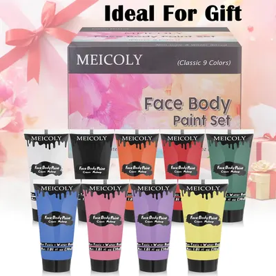 Positions the face paint set as an ideal gift option, likely for holidays or special occasions. Shows the complete set of face paint colors included in the product package.