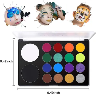 Showcases different face painting designs to demonstrate the versatility and creative possibilities of the face paint palette.