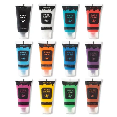 Showcases the full range of face paint colors available in the set, allowing customers to see all options at a glance.