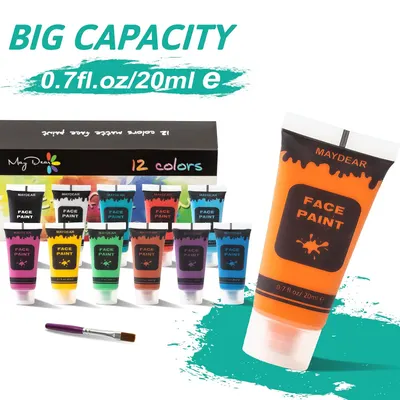Emphasizes the product's large volume capacity of 0.7 fl. oz/20ml to show customers they're getting good value. Shows the full set of 12 face paint colors and included brush to highlight the…