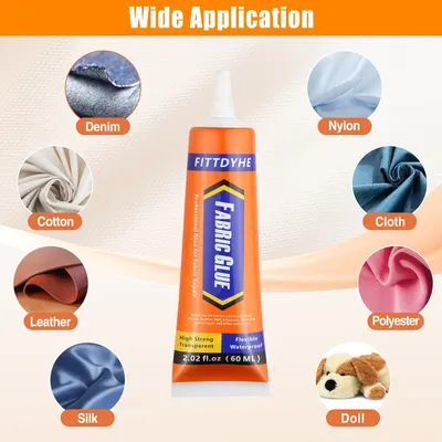 Demonstrates the versatility of the fabric glue by showing its compatibility with various materials like denim, nylon, cotton, leather, and more.