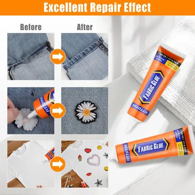 Demonstrates the effectiveness of the fabric glue in repairing various types of fabric damage and adding embellishments. Shows multiple examples of how to use the fabric glue for different repair…