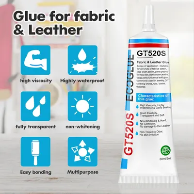 Highlights multiple key features and benefits of the fabric and leather glue to demonstrate its versatility and effectiveness for various applications.