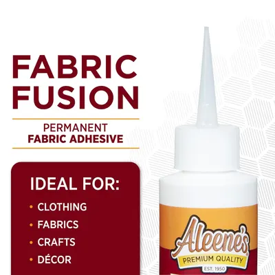 Highlights the product's key feature as a permanent fabric adhesive, emphasizing its versatility for various applications.