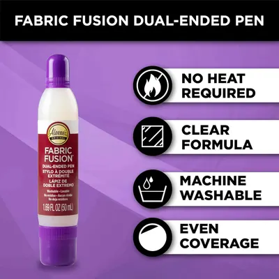 Highlights multiple key features of the fabric fusion pen to demonstrate its ease of use and versatility for crafting projects.