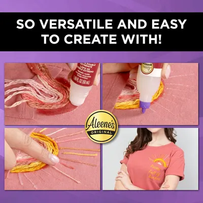 Demonstrates the versatility of Aleene's glue for fabric crafting and t-shirt customization, showing how easy it is to create with.