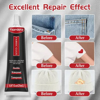Demonstrates the product's ability to repair and restore various fabric items, showing clear before and after results. Highlights the product's primary benefit of effectively repairing fabric damage…
