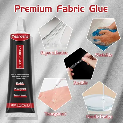 Highlights multiple key features of the fabric glue to demonstrate its versatility and effectiveness for various fabric applications.