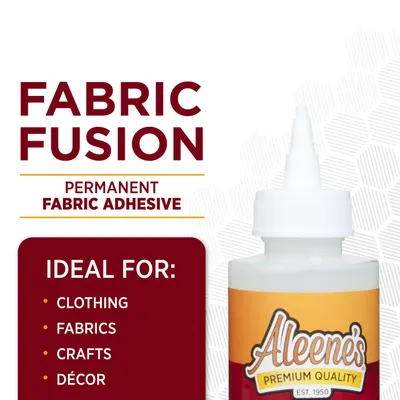 Highlights the product's key feature as a permanent fabric adhesive, emphasizing its versatility for various applications.