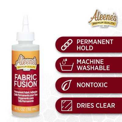 Highlights multiple key features of the fabric adhesive to demonstrate its versatility and safety for various crafting applications.