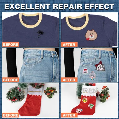 Demonstrates the product's ability to repair or customize clothing by showing before and after images of patched garments.