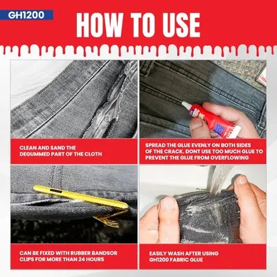 Demonstrates the step-by-step process of using GH1200 fabric glue to repair clothing, reassuring customers about ease of use and effectiveness.
