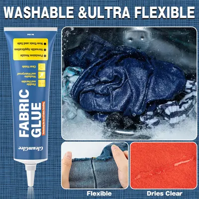 Highlights multiple key features of the fabric glue to show its versatility and ease of use for various applications.