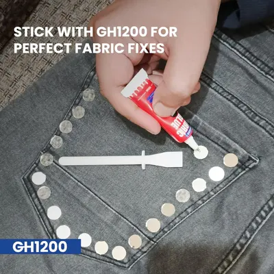 Demonstrates how the product can be used for precise fabric fixes, specifically on denim.