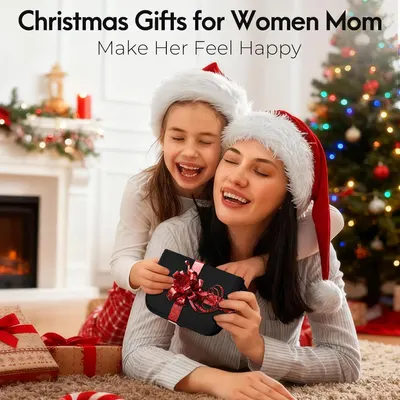 Promotes Christmas gift ideas for mothers to create a joyful holiday experience. Showcases a heartwarming mother-daughter moment to evoke positive emotions associated with gift-giving.