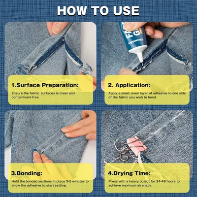 Provides step-by-step instructions on how to use the fabric adhesive product to repair or bond fabric.