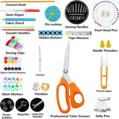 Shows all the items included in a comprehensive sewing kit, helping shoppers understand the value and variety of tools provided.