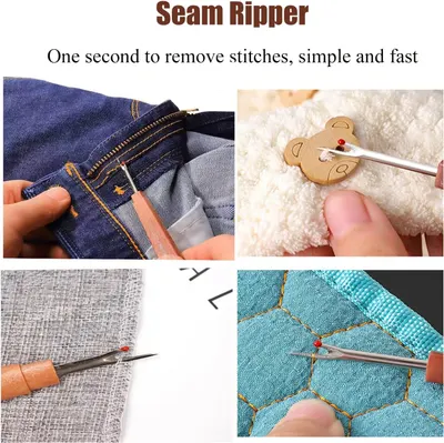 Demonstrates how to quickly and easily remove stitches using a seam ripper tool on various fabrics. Highlights the speed and simplicity of removing stitches with the seam ripper, emphasizing 'One…