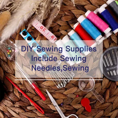 Shows the variety of sewing supplies included in the DIY kit, highlighting the comprehensive nature of the product for potential buyers.