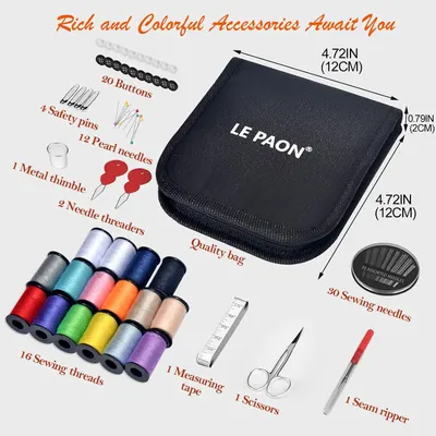 Shows all the items included in the sewing kit, highlighting the variety and completeness of the set.