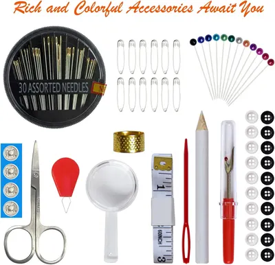 Shows all the items included in the sewing kit, highlighting the variety and completeness of the set for potential buyers.