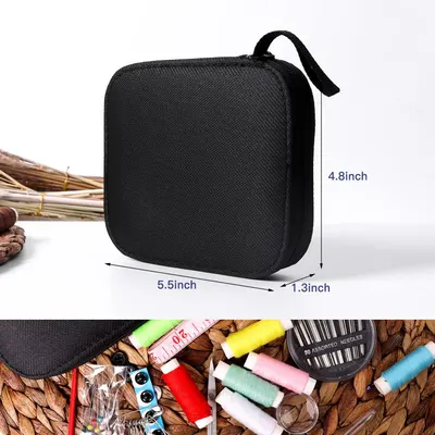 Demonstrates the small, portable size of the product case to show it's easy to carry and store. Shows the variety of sewing supplies included in the compact case, highlighting the product's…