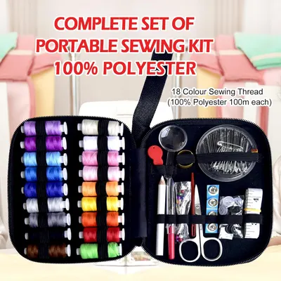 Shows all the items included in the portable sewing kit, highlighting its comprehensiveness and variety of tools and threads.