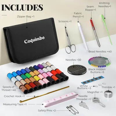 Shows all the items included in the sewing kit, helping customers understand the value and completeness of the product.