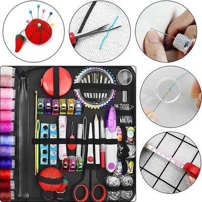 Shows all the items included in the sewing kit, demonstrating the comprehensive range of tools and materials provided. Illustrates various sewing techniques and uses for the included tools, helping…