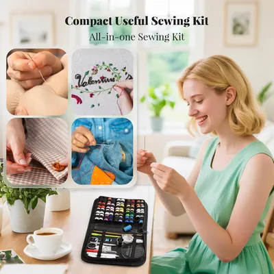 Showcases the sewing kit's compact size and versatility for various sewing tasks, emphasizing its all-in-one convenience. Demonstrates different sewing applications like embroidery, mending, and…
