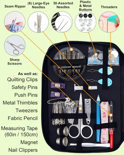 Shows all the items included in the sewing kit, helping shoppers understand the comprehensive nature of the product.