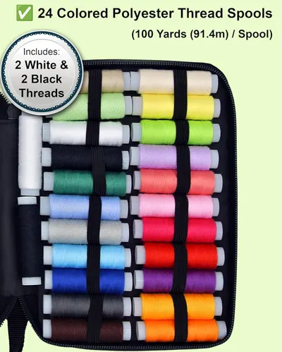 Shows the complete set of thread spools included in the package, highlighting the variety of colors and quantity available to the buyer.