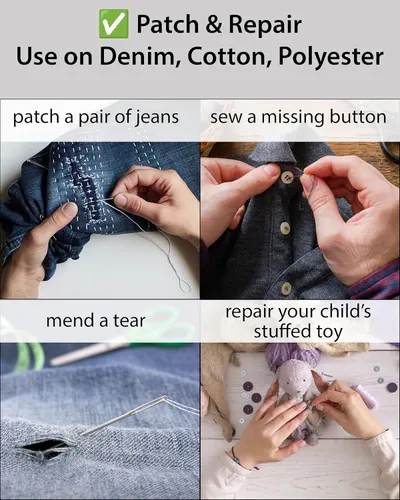 Demonstrates various uses for the product in repairing and mending different types of fabric items, from jeans to stuffed toys.