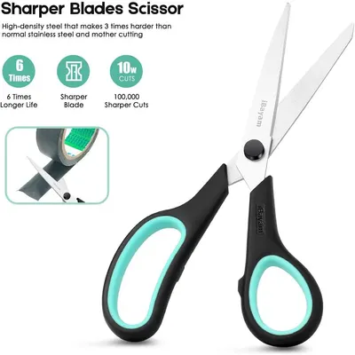 Highlights multiple benefits of the scissors including sharper blades, longer lifespan, and precision cutting ability to demonstrate superior quality and value.