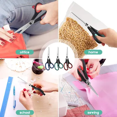 Demonstrates the various applications of the scissors in different settings, showing its versatility for office, home, school, and sewing tasks.