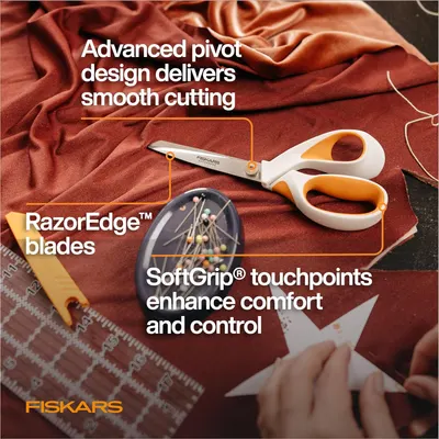 Highlights multiple key features of the scissors to demonstrate superior cutting performance and user comfort.