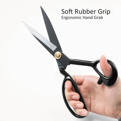 Highlights the ergonomic design of the scissors' handle for comfortable and easy use.