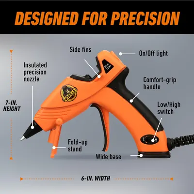 Highlights the key features and components of the glue gun, emphasizing its precision and user-friendly design.