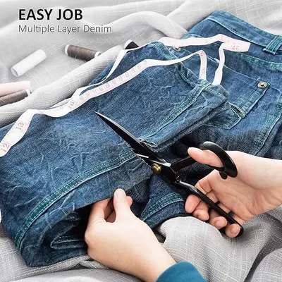 Demonstrates how to easily alter denim jeans, showing that the product can cut through multiple layers of denim fabric. Highlights the scissors' ability to easily cut through multiple layers of…