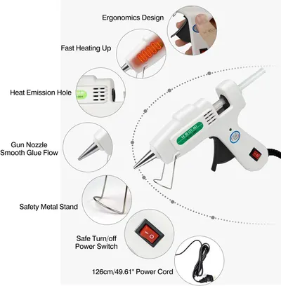 Highlights key features and components of the glue gun to demonstrate its functionality, safety, and ease of use.