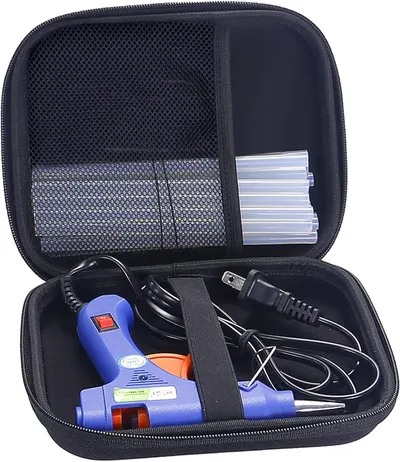 Shows all the items included in the glue gun kit, demonstrating value and convenience to the shopper.