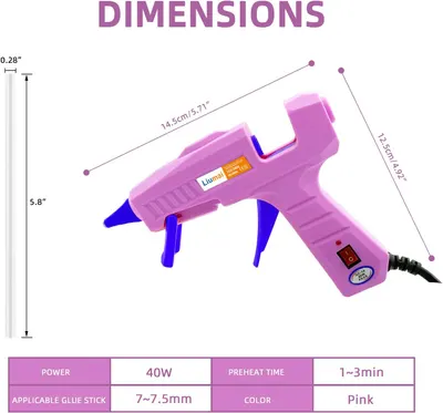 Provides exact measurements of the glue gun to help customers understand its size and portability. Highlights key technical details like power, preheat time, and glue stick size to inform buyers…