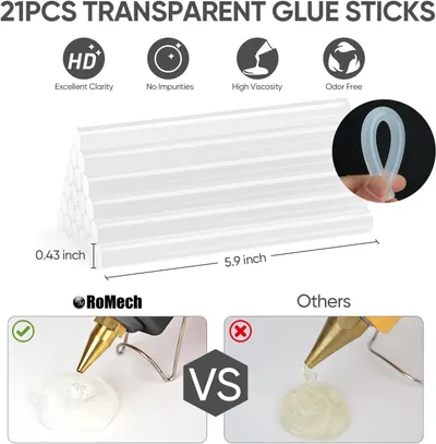 Highlights multiple quality features of the transparent glue sticks to demonstrate their superior performance and user-friendly characteristics.