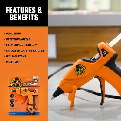 Highlights multiple features and benefits of the Gorilla Glue Gun to showcase its versatility and user-friendly design.
